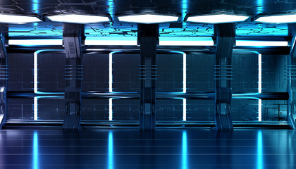 Dark blue spaceship futuristic interior with tech wall panel 3d rendering © sdecoret