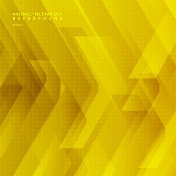 Abstract Yellow Tech Diagonal Geometric Background With Big Arrows Sign Digital And Stripes Technology Concept. Space For Your Text.