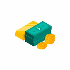 Obraz premium Gold bar, Dollars Bundles, Money, Dollar, Pile of money, Coin, Isometric, Finance, Business, No background, Vector, Flat icon, Money illustration of wealth and condition.