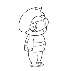 Child in VR glasses. Modern technologies for gaming. Coloring book page design for kids