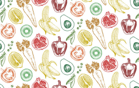 Seamless Pattern. Hand-drawn illustration of vegetables and fruits, vector