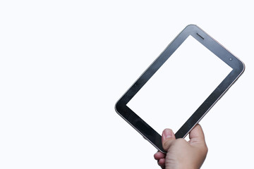 Image hand holding smartphone against white background.