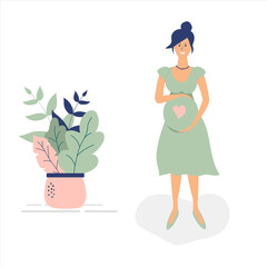 Cute pregnant girl in light green dress.Flat Funky Figures style.Decorated beautiful leaves,polka dots and heart.Vector illustration.For advertising, logo, leaflets,booklets,flyers