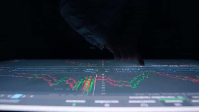 Man works charts, diagram indicators touch screen sensory interactive table 