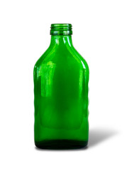 Green bottle of medicine isolated on white