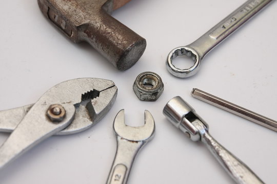 Labor day background - blank white paper with work tools. soft focus