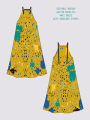 CUSTOMIZABLE FASHION DESIGN TEMPLATE. MOCKUP FOR SHOWCASING FABRIC PATTERN. TECHNICAL ILLUSTRATION OF HALTER NECK BACKLESS MAXI DRESS WITH ABSTRACT SPATTERS PATTERN IN SHADES OF YELLOW, OLIVE, BLUE,