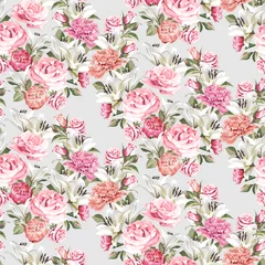 Fotobehang Seamless floral pattern with white and pink Roses, Peonies and white Lilies on light background. © Yulia Ogneva