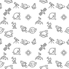 Space icons seamless pattern grey vector on white background. Collection Of sun, planet, galaxy, universe, solar. Template for design fabric, backgrounds, wrapping paper.