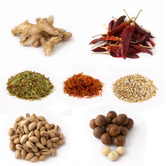 Macadamia nut, pistachios, dry ginger root, chili pepper, Italian herbs, saffron on white isolate.