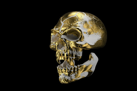 Golden white skull isolated on black background. The demonic skull of a vampire. Scary skilleton face for Halloween. Dead vampire, skull with vampire fangs. 3d rendering.