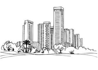 Tel Aviv, Israel. Urban landscape. Ink line sketch on white background