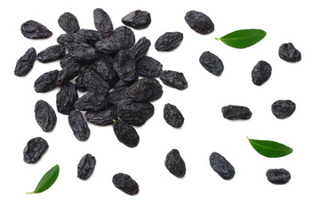 black raisins isolated on white background. top view