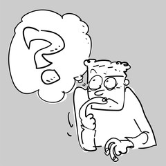 thinking man, speech bubble and question mark cartoon, simple lineart doodle, vector illustration. background color and lineart are in different layers.