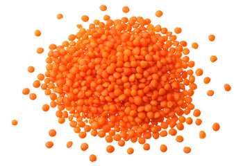 red lentils isolated on white background. Top view.