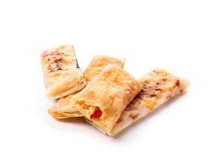 Tasty fried spring rolls on white background