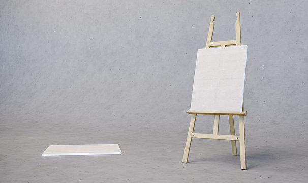 Painting stand wooden easel with blank canvas poster sign board isolated on concrete texture background, 3d rendering