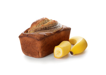 Tasty banana bread on white background
