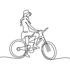 Fototapeta na wymiar Girl on bicycle continuous line vector illustration