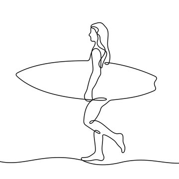 recommend clip art: Surfer girl continuous line vector sketch