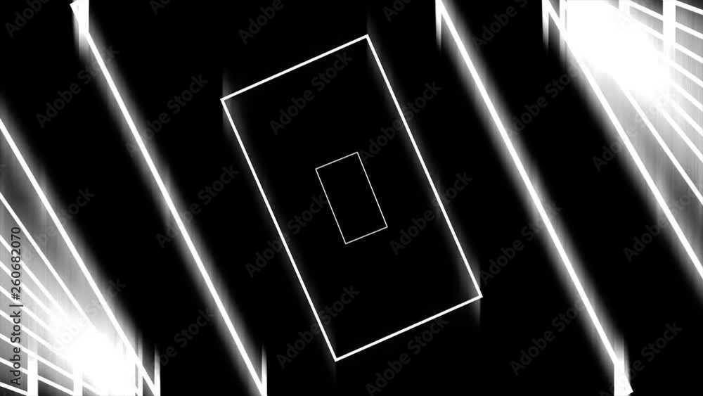 Poster abstract digital pattern with neon white rectangles moving backwards, monochrome, seamless loop. ani