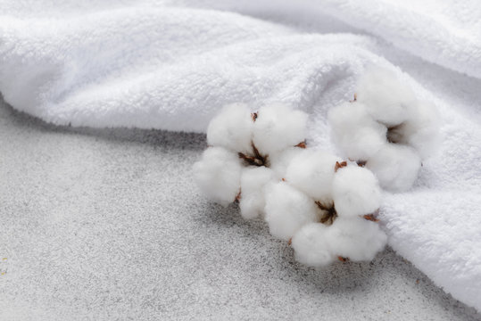 Cotton flowers with soft towel on grey background © Pixel-Shot