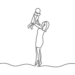Mom holding her baby continuous line vector sketch