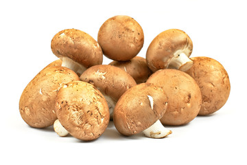 Fresh brown champignon mushrooms on white background.