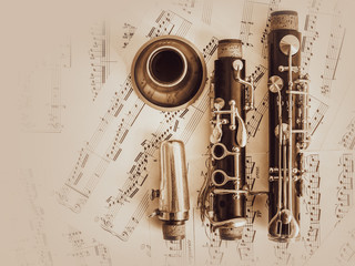 Klarinette, Notenblätter, Sepia