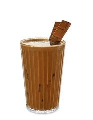 Glass of tasty frappe coffee on white background