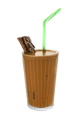 Glass of tasty frappe coffee on white background