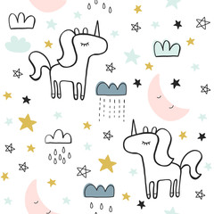 Cute seamless magic forest unicorn pattern for kids, baby apparel, fabric, textile, wallpaper, bedding, swaddles with unicorn, Scandinavian style for clothes, swaddles, apparel, planner, sticker