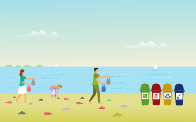 Parents' families are helping to collect debris on the beach in order to leave the trash. With sea as background