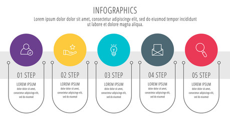 Modern vector flat illustration. Infographic circles template with five elements, shapes, icons. Timeline designed for business, presentations, web design, interface, education, diagrams with 5 steps