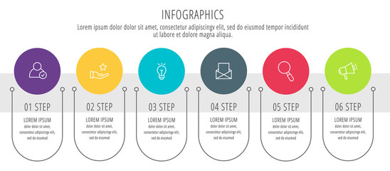 Modern vector flat illustration. Infographic circles template with six elements, shapes, icons. Timeline designed for business, presentations, web design, interface, education, diagrams with 6 steps