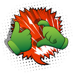 Vector cartoon hands making friendzone symbol. Illustrated hands on comic book background.