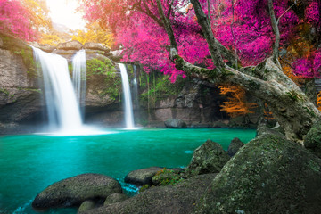 Fototapeta na wymiar Amazing in nature, beautiful waterfall at colorful autumn forest in fall season