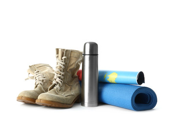 Set of items for tourist on white background