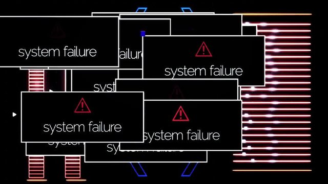 System failure pop ups with on-off signal, application error. Animation. System failed messages all over the computer screen and noise, glitch signal.