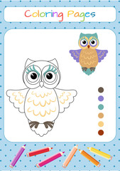 Funny little owl. Copy the picture. Coloring book. Educational game for children. Cartoon vector illustration