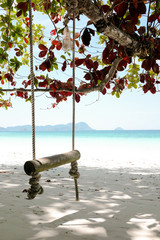 Swing made from natural rope and wood log on white sand beach under giant tree with crystal clear bright blue sea water in background. Travelling on vacation and holiday to tropical island.