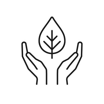 Isolated black outline icon of plant in hands on white background. Line icon of leaf and hands. Symbol of care, protection, charity