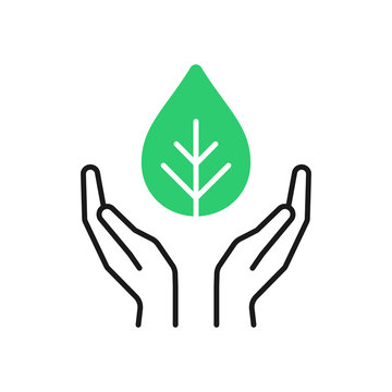 Isolated outline icon of green plant in black hands on white background. Line icon of leaf and open hands. Symbol of care, protection, charity.