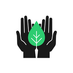 Isolated icon of green plant in black hands on white background. Silhouette of leaf and hands. Symbol of care, protection, charity.