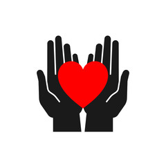 Isolated icon of red heart in black open hands on white background. Silhouette of heart and hands. Symbol of care, love, charity.