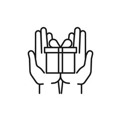 Black isolated outline icon of gift box in hands on white background. Line icon of gift box and two open hands. Give, make a present.