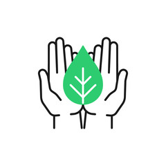 Obraz premium Isolated outline icon of green plant in black open hands on white background. Line icon of leaf and hands. Symbol of care, protection, charity.