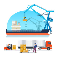 Logistics, warehousing, loading, transportation of cargo on ship and truck. - obrazy, fototapety, plakaty