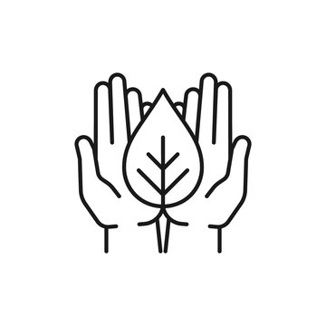 Isolated black outline icon of plant in open hands on white background. Line icon of leaf and hands. Symbol of care, protection, charity.