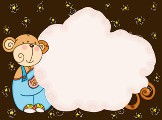 Background with blank cloud label and cute monkey